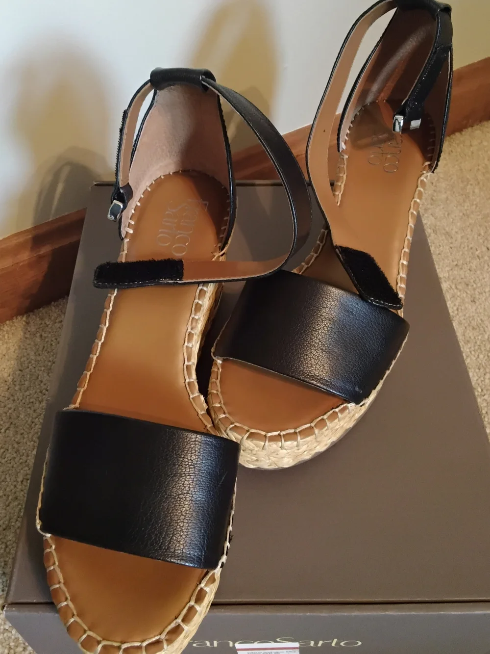 Franco Sarto Black Leather Espadrille Wedge Sandals with Ankle Strap, Size 9